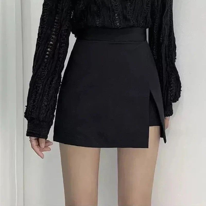 Black Mini Skirts Women Irregular Side Slits High Waist A Line Shorts Skirts Summer Korean Fashion Chic Hip Wrap Skirt Female