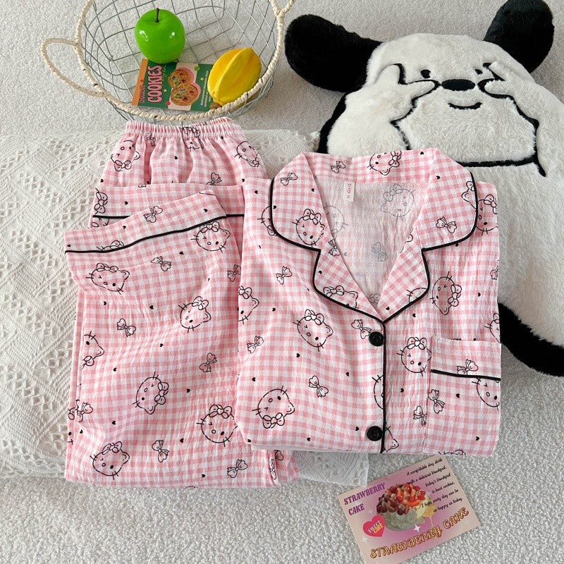 Hello Kitty Cute Kawaii Pajama Set for Women Autumn Soft Fabric Comfort Plaid Loungewear 2 Piece Long Sleeve Top Pants Sleepwear