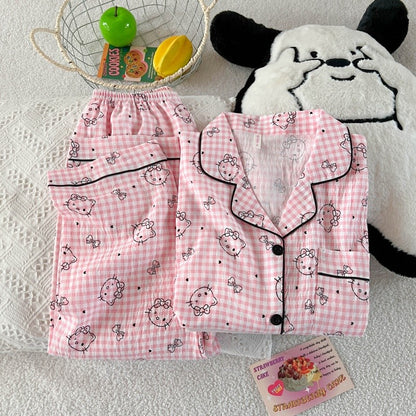 Hello Kitty Cute Kawaii Pajama Set for Women Autumn Soft Fabric Comfort Plaid Loungewear 2 Piece Long Sleeve Top Pants Sleepwear