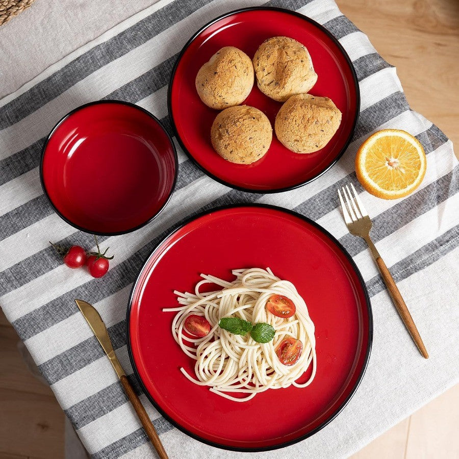 12Piece Modern Dinnerware Set Kitchen Plates and Bowls Sets Luxury 2 tone Red and Black Ceramic look Dish Set for 4.Christmas L