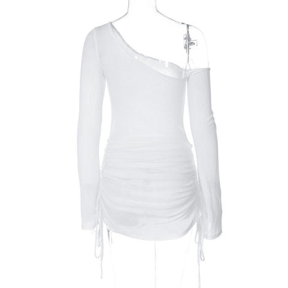 ALLNeon Fairycore White Perspective Oblique Shoulder Long Sleeve Mini Dress Hots