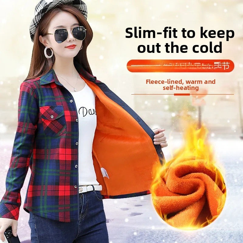 Thickened Fleece Women's Casual Shirt Korean Style All-Match Slim Fit Warm Plaid Elastic Large Size Button down Coat