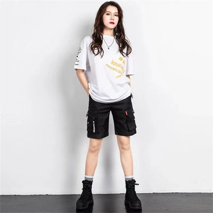 2025 Y2K Cargo Shorts Women Harajuku Black Oversized Wide Leg Shorts Summer Streetwear Fashion High Waist Baggy Short Pants New