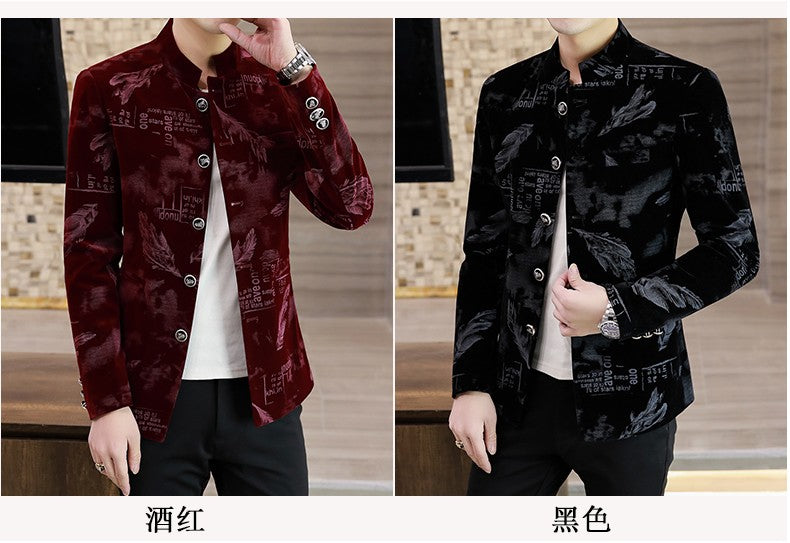 Luxury Retro Velvet Suit Jacket for Men Fashion Slim Fit Stand Collar Blazer Masculino Casual Business Wedding Dress Coat