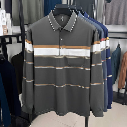 High quality stripe men's long sleeve polo shirt fashion luxury pocket middle-aged business casual color blocked comfort T-shirt