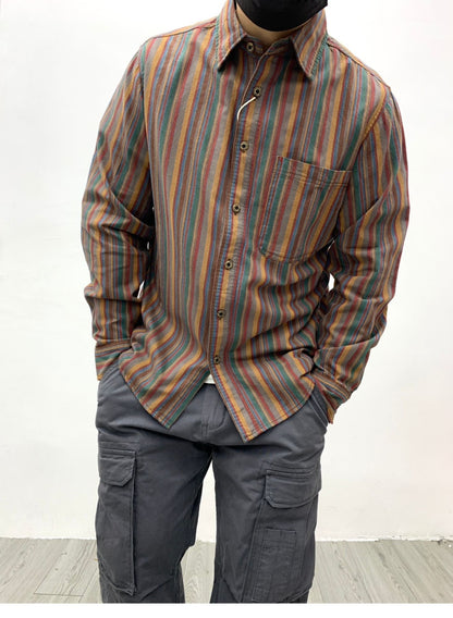 Amikaki Ethnic Style Men's Pure Cotton Colorful Stripes Shirt Loose Ancient Cargo Long Sleeved Shirt Jacket With Chest Pocket