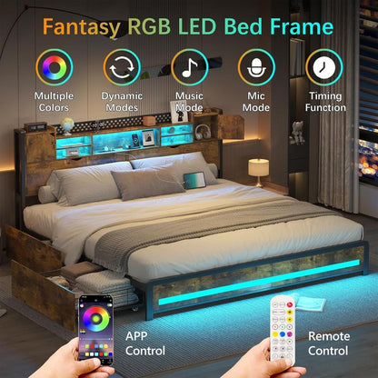 King Size Bed Frame with Storage Drawers and Bookcase Headboard, Wooden Platform King Bed with LED Lights and Charging Station,