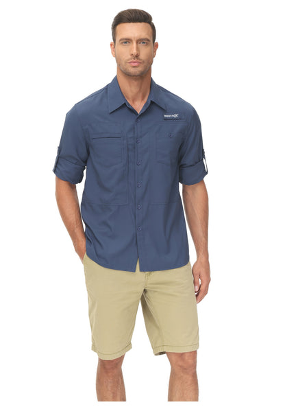 Summer Men's UPF 50+ Casual Long Sleeve Fishing Shirts, Lightweight Tactical Button Down Shirt with Breathable Back Mesh
