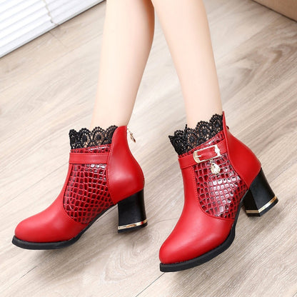 Women'S Ladies Boots Fall Winter Vintage Leather Lace Short Boots Shoes Women'S Fashion Lace Trim Boots Mid-Heeled Boots