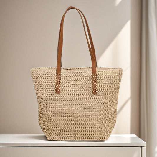 Fashionable and Versatile Women's Woven Bag with Zipper for Travel, Large Capacity Beach Bag, Handbag