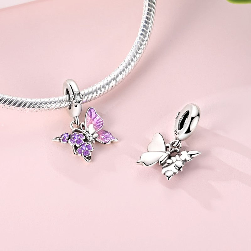 Pingente Charm Libélula Tema Primavera Prata Esterlina 925 Borboleta Flor Pendente Compatível com Bracelete Colar Joias DIY