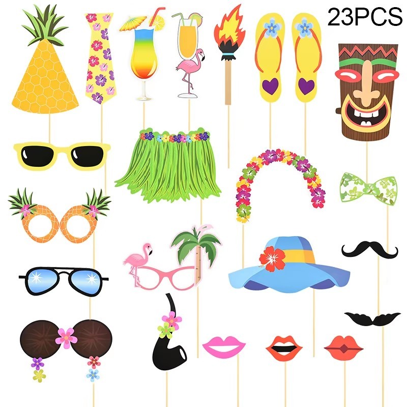 23pcs Hawaiian Party Decorations Photo Booth Props Paper Pineapple Flower Summer Beach Pool Party Hawai Aloha Party Supplies