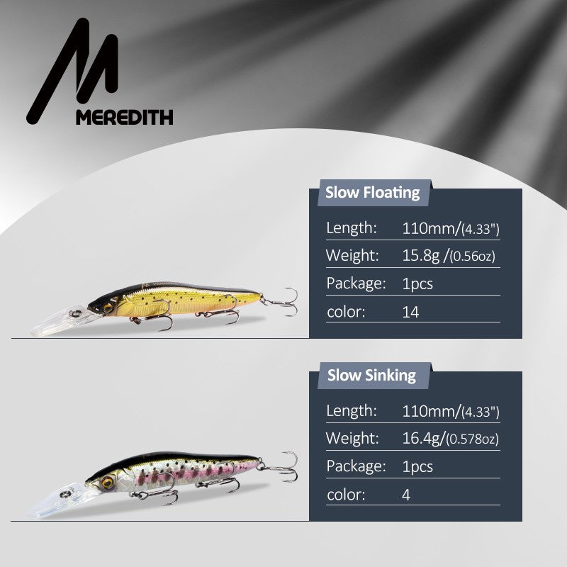 MEREDITH Iscas de Pesca Minnow Wobbler Lento Afundando ou Flutuando 110mm Isca Artificial Rígida Profundidade 0-3m Isca para Baixo e Lúcio
