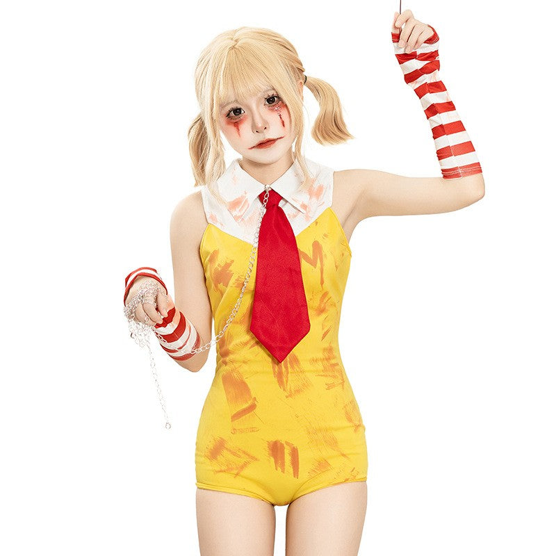 Women Halloween Funny Clown Girl Cosplay Jumpsuit Complete Accessory Set Ladies Party Roleplay Costume Cute Carnival Slim Outfit