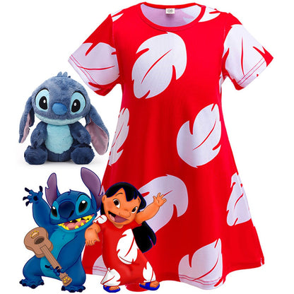 Disney Lilo Costume Girl Cosplay Red Dress Short Sleeve Pajamas Hawaiian Printed Dress Summer Beach Outfit + Stitch Doll Set