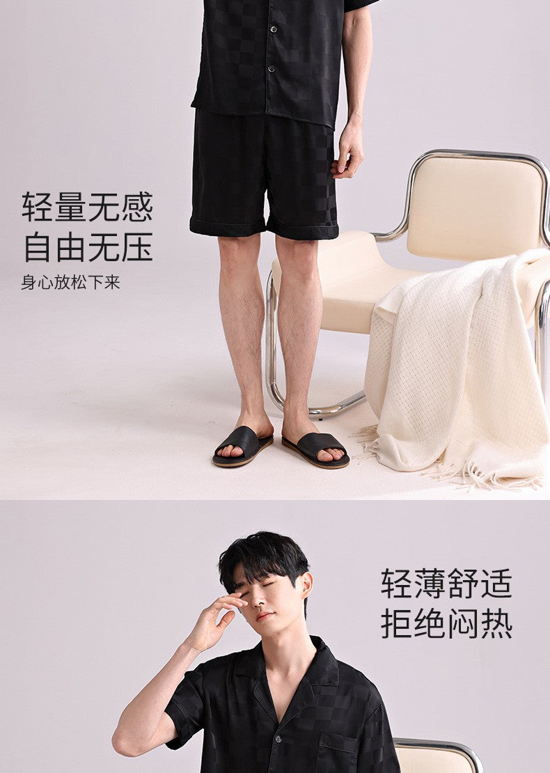 Ice Silk Pajamas Men's Spring and Summer Light and Breathable Simulation Silk Satin Short-sleeved Shorts Youth Simple Loungewear