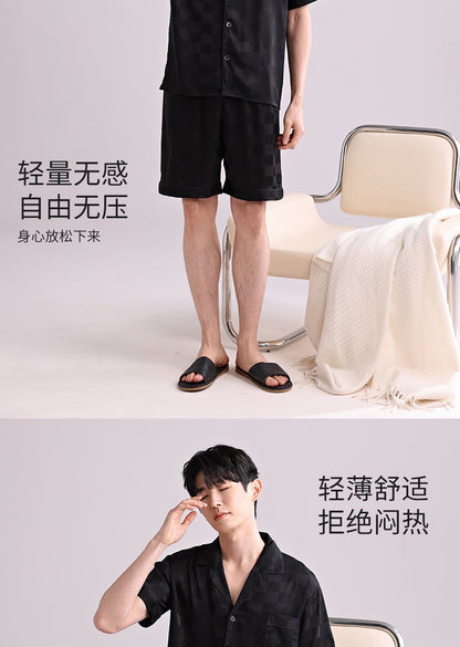 Ice Silk Pajamas Men's Spring and Summer Light and Breathable Simulation Silk Satin Short-sleeved Shorts Youth Simple Loungewear
