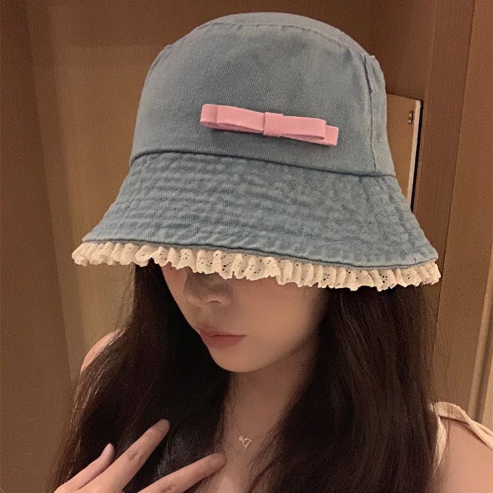 Retro Big Brimmed Denim Bucket Hat Bow Tie Y2K Lace Fisherman Hat Korean Style UV Protection Bow Sunscreen Hat Outdoor