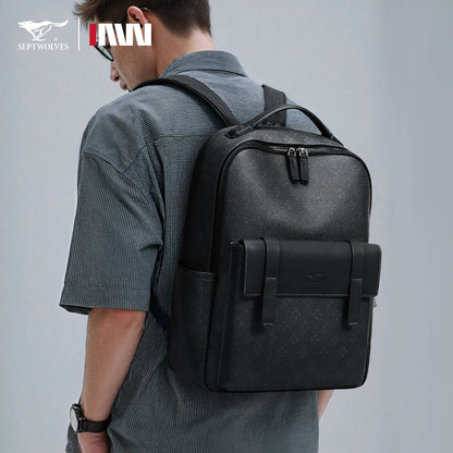 Septwolves Luxury Leather Backpack for Men Monogram Printed Stylish Laptop Backpack 15 Inch Travel Bag Black Business Backpack