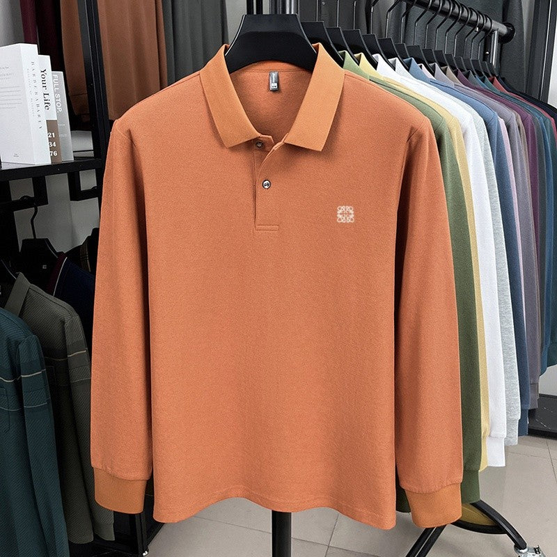 100% pure cotton spring and autumn fashionable men's collar striped long sleeved polo shirt brand embossed casual T-shirt