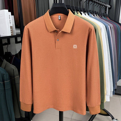 100% pure cotton spring and autumn fashionable men's collar striped long sleeved polo shirt brand embossed casual T-shirt