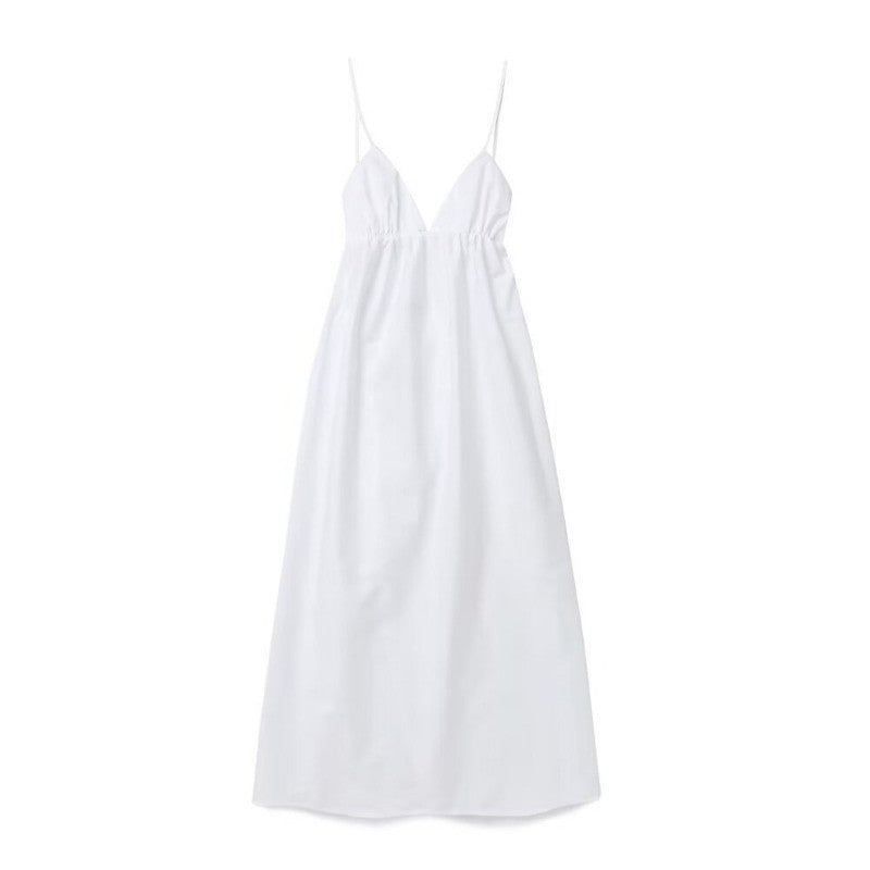 ZBZA Women's Backless Midi Dress Waistband V Neck Solid Pullover High Waisted Lo