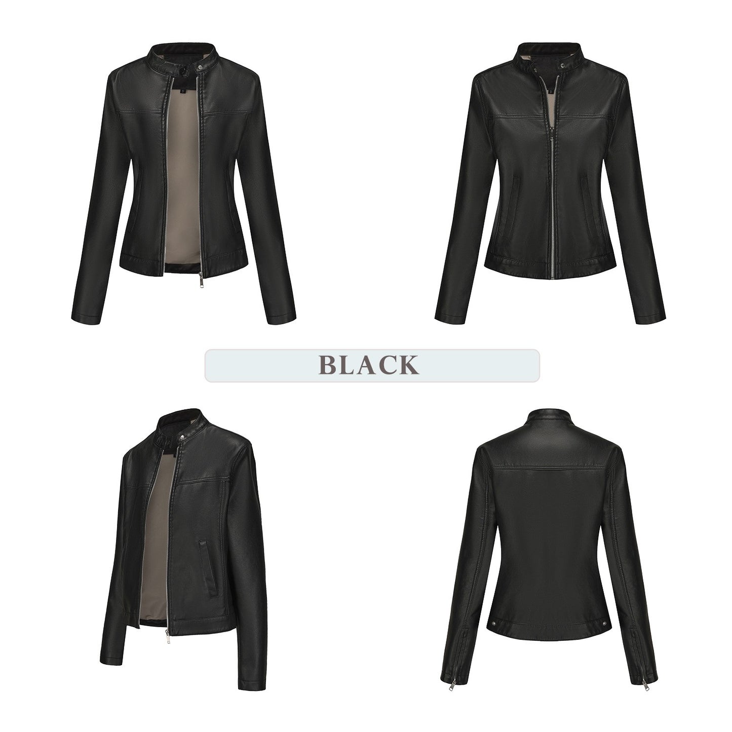 Black Women's Fitted Leather Jacket with Front Zipper & Side Pockets?, Available in Brown, Navy Blue, and Beige.