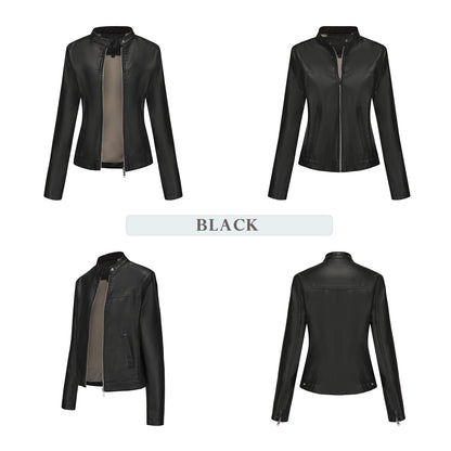 Black Women's Fitted Leather Jacket with Front Zipper & Side Pockets?, Available in Brown, Navy Blue, and Beige.