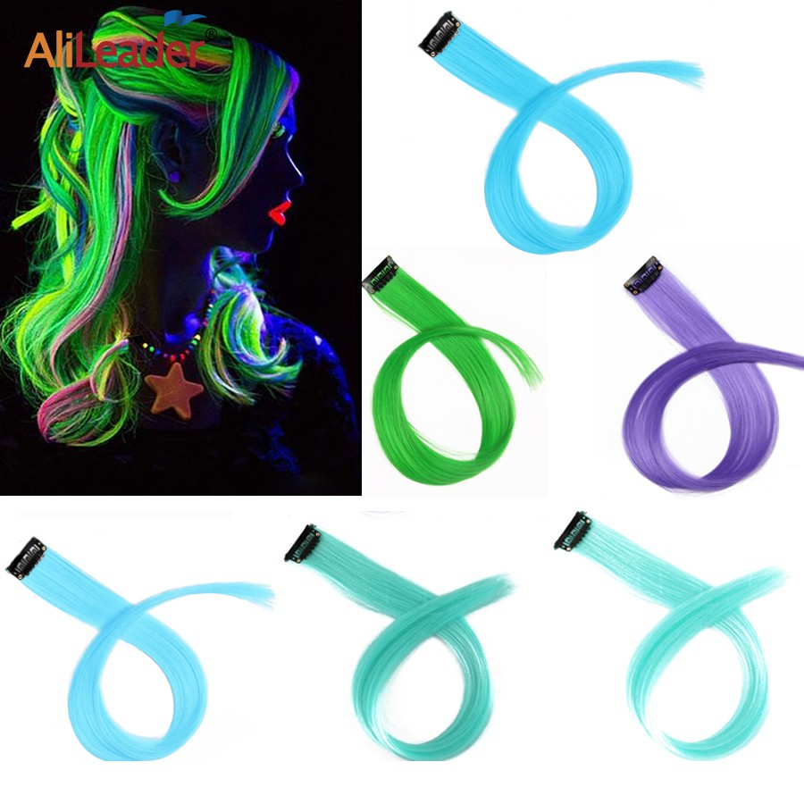 Glowing In The Dark Hair Extensions 20Inch 11Colors Synthetic Hair Clip In Luminous Colored Hairpieces Rainbow Hairpiece