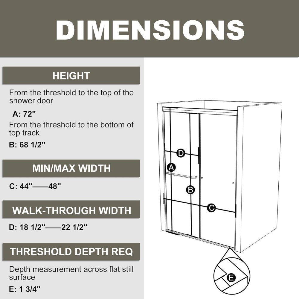 44-48" W x 72" H Semi-Frameless Sliding Shower Door, Glass Shower Door with 1/4'' (6mm) Clear SGCC Tempered Glass, Matte Black