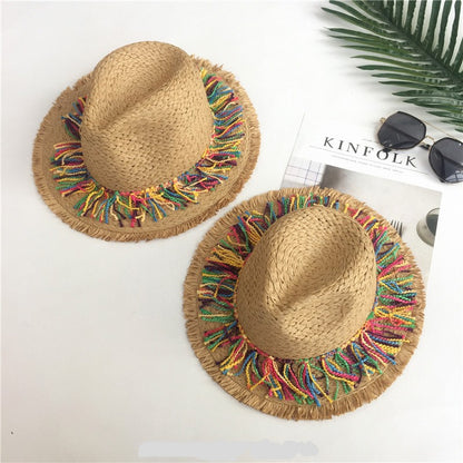 2024 Chapéu de Palha Decorado com Fita de Borla Colorida, Chapéu de Sol com Proteção, Chapéu de Praia Feminino Moderno, Boné Jazz de Verão para Mulher