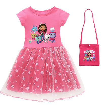 2024 New Summer Cartoon Gabby Cats Dresses Baby Girls Princess Dress Bag Headband Kids Gabby's Dollhouse Cosplay Costume