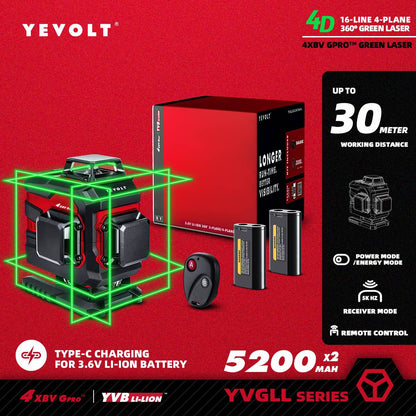 Nível a Laser Verde YEVOLT YVGLL4XS-Series 3/4 Planos 12/16 Linhas Autonivelante 360 3D/4D Horizontal e Vertical Ferramenta de Medição de Energia