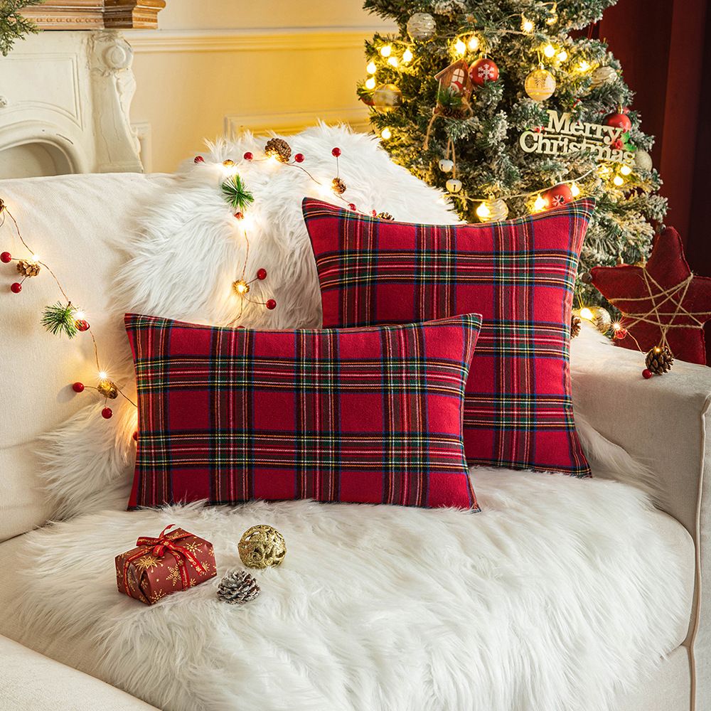 Home Christmas Decor Plaid Cushion Covers Red Checkered Polyester Cotton Xmas Ornament Snowflake Throw Pillowcase Decorative
