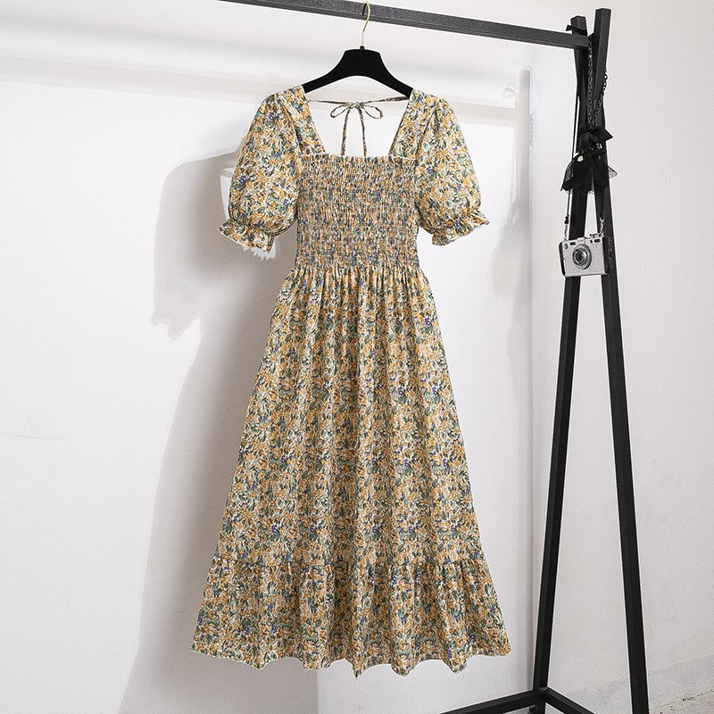 Summer Pleated Women Chiffon Dresses Casual Beach Holiday Short Sleeve Square Co