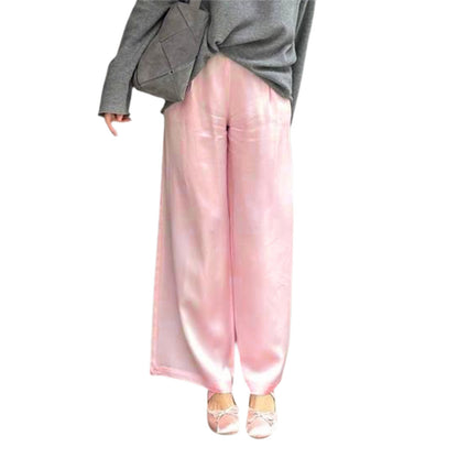 Chic Satin Wide Leg Dress Pants Women's Stylish Elastic Waist Loose Fit Long Trousers for Streetwear Work Solid Color