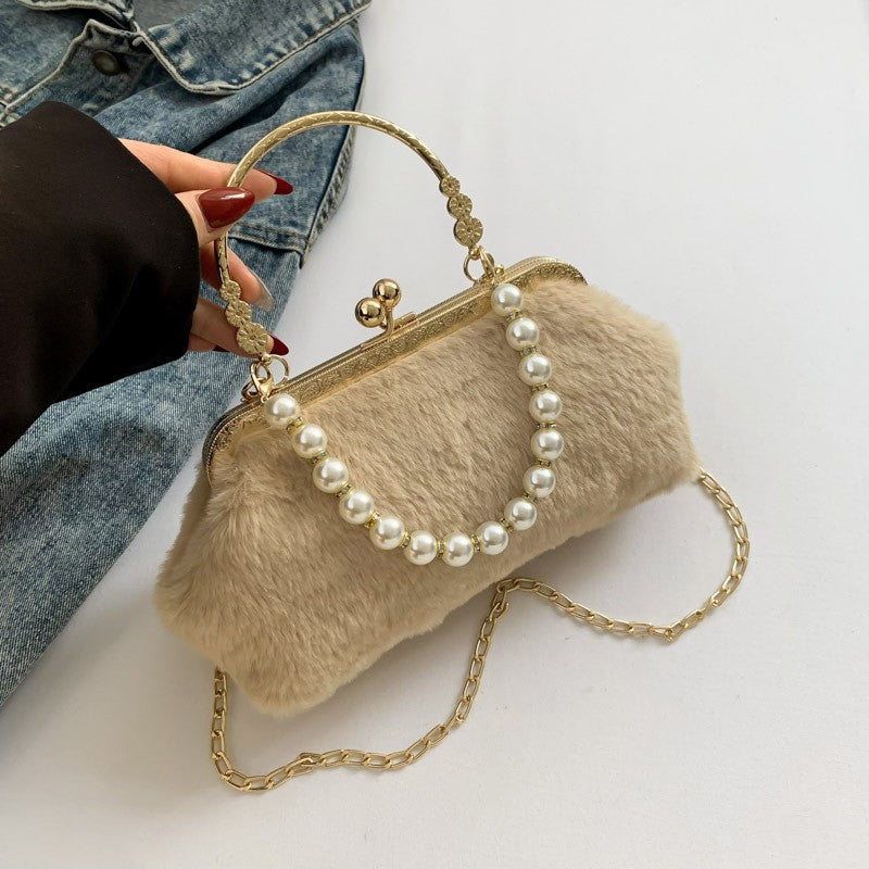New suede pearl fashionable handbag small shoulder bag,metal handle highlights noble temperament,pearl chain adds elegant charm