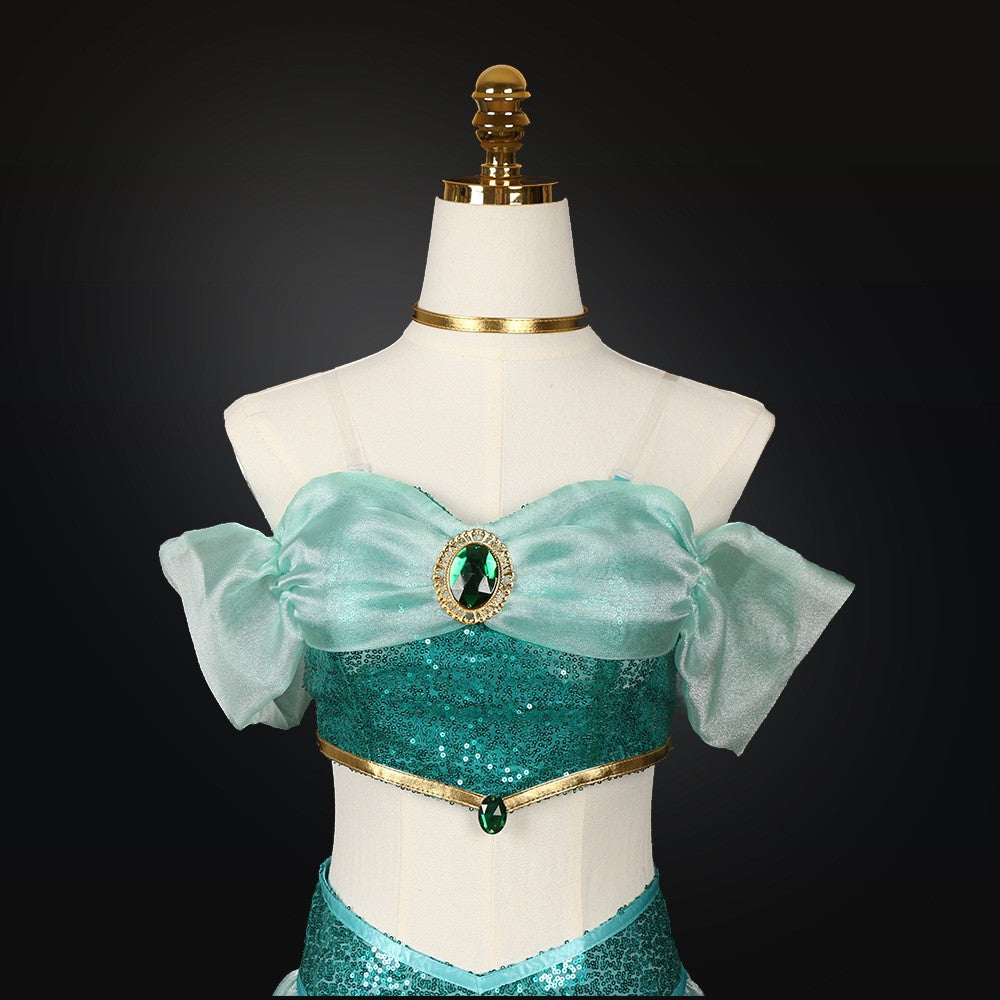 Aladdin Princess Jasmine Cosplay Costume Adult Green Sequined Off Shoulder Top Pants Skirt Set Halloween Party Dress