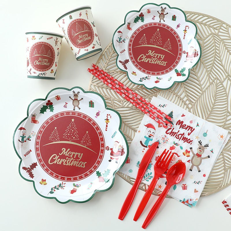 JUSTINLAU Christmas Cutlery Disposable Tableware Set Paper Plates Paper Cups Tissues Tablecloth Dining Plates Christmas Themed