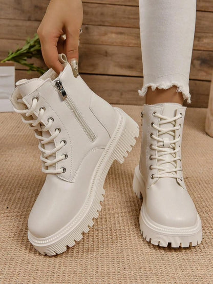 Thick Warm Long Plush Ankle Boots for Women Winter 2024 Lace Up Pu Leather Motorcycle Boots Woman Plus Size Short Booties Shoes