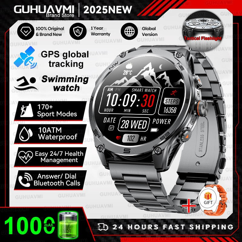 2025 Novo Smartwatch Esportivo Militar para Homens GPS Exterior com GNSS de Banda Dupla Integrado Bússola Altímetro 10ATM Chamada Bluetooth
