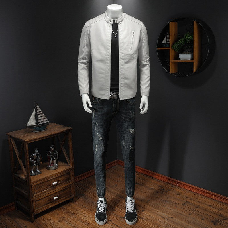 Men White Locomotive Leather Jackets Moto Biker Pu Leather Coats High Quality Male Spring Autumn Slim Leather Jackets Size 5XL