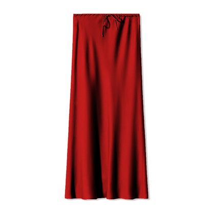 New In 2025 Spring Summer Solid Color Satin Long Skirt For Women High Waist Lace
