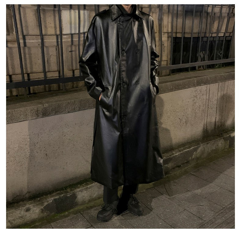 Autumn Trench Coat Men's High-end Luxury Double Row PU Leather Coat Male Long Korean Style Windbreaker Motorcycle Leather Jacket