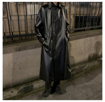 Autumn Trench Coat Men's High-end Luxury Double Row PU Leather Coat Male Long Korean Style Windbreaker Motorcycle Leather Jacket