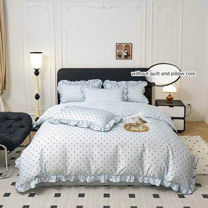 Conjunto de capa de edredom coreana de renda 3 peças (1*Capa de Edredom + 2*Fronhas, Sem enchimento), Conjunto de cama com estampa de bolinhas pretas