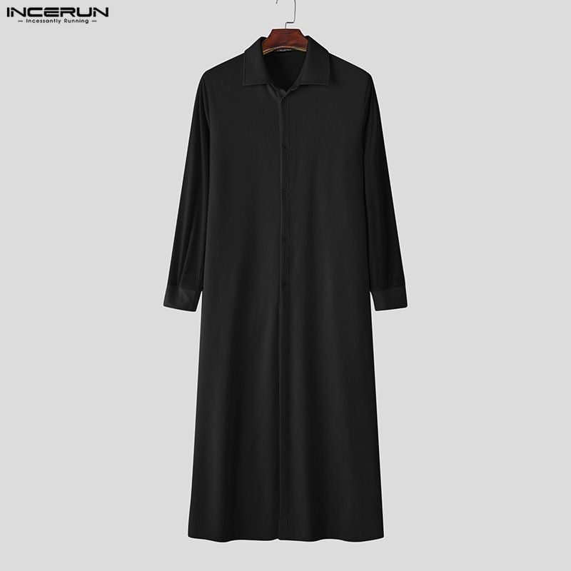 INCERUN Men Long Style Shirt Solid Color Lapel Long Sleeve Button Men Clothing Streetwear 2025 Loose Fashion Casual Camisas Tops