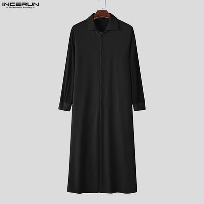 INCERUN Men Long Style Shirt Solid Color Lapel Long Sleeve Button Men Clothing Streetwear 2025 Loose Fashion Casual Camisas Tops