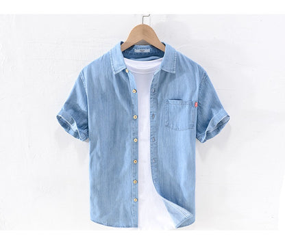 Men Denim Shirt , Thin Summer Half Sleeve Casual Top, Loose Trendy Handsome Short Sleeve ?Camping Denim Short Sleeve Jacket