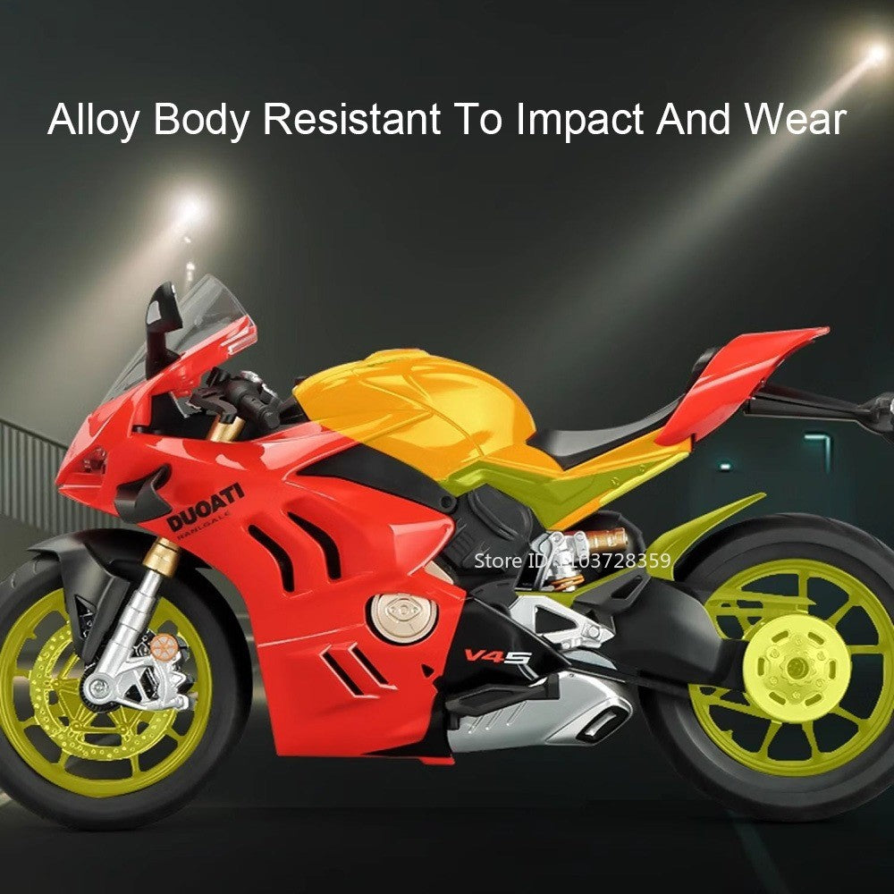 Modelos de motocicleta em miniatura 1:9 Scale 1299 V4S Brinquedos de motocicleta de liga leve com som, luz e absorção de choque, motocicletas de ornamento para presentes infantis